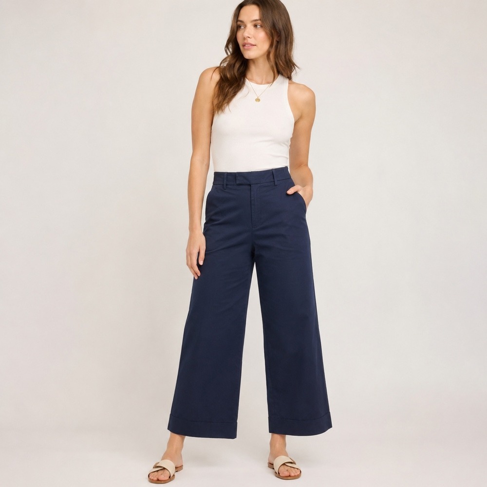 Banana Republic Wide Leg Trousers Women 10 Navy Blue Cropped High Rise Chino